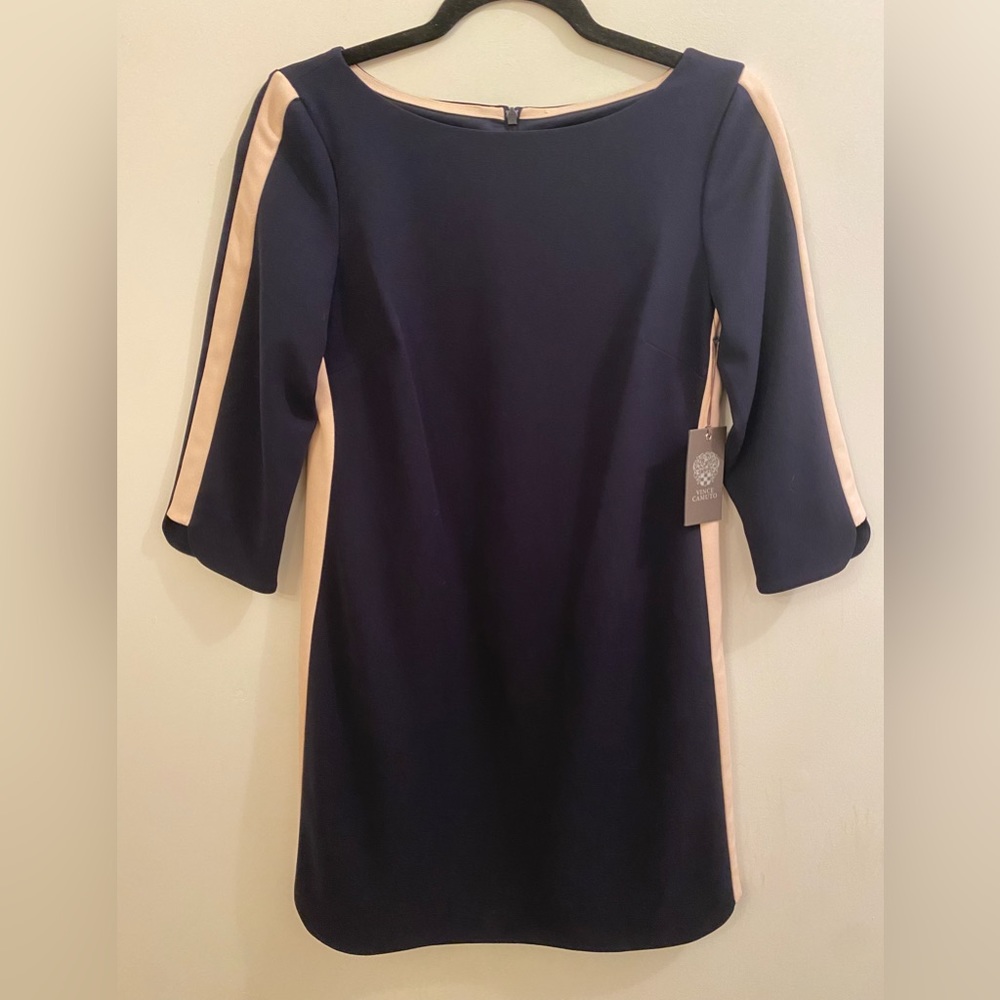 NWT Vince Camuto navy dress with light pink side stripe size 4